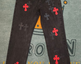 Black and red cross jeans, punk high street jeans, chrome style jeans,teen jeans