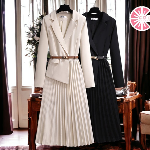 Long Sleeve Blazer | Collar Belt Style | Pleated Dress | One Piece Set