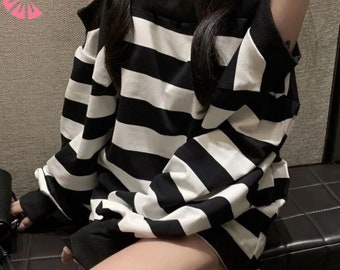 Women's Striped T-Shirt | Off Shoulder Oversized Sweatshirt | Comfy Fashion Top