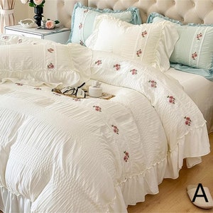 French Fairy Embroidery Floral Seersucker 1005 Cotton Duvet Cover Set, Princess Ruffle DuvetCover,Twin Full Queen King Duvet Cover,Aeschtic