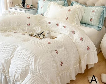 French Fairy Embroidery Floral Seersucker 1005 Cotton Duvet Cover Set, Princess Ruffle DuvetCover,Twin Full Queen King Duvet Cover,Aeschtic