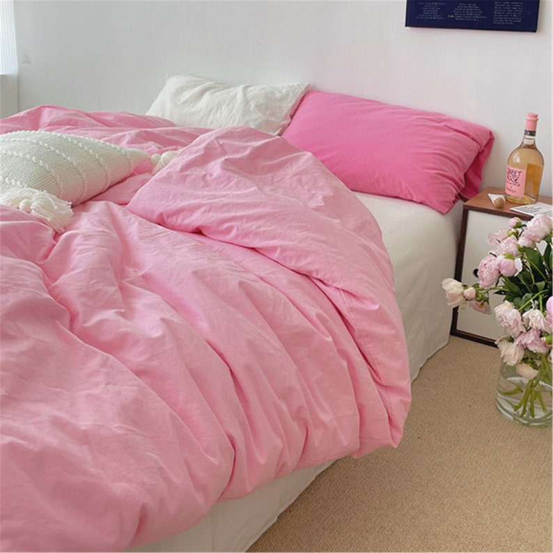 Pink Series Combination 100% Cotton Duvet Cover Set, Fresh Hot Pink Bedding, Twin Full Queen King Duvet Cover, Cottagecore Decor, Aesthetic image 4