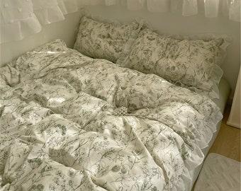 Ensemble de housse de couette 100% coton floral vert frais, housse de couette à volants princesse, décor Cottagecore, housse de couette Full Queen King, literie florale