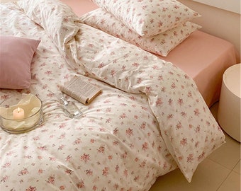 Juego de funda nórdica floral rosa 100% algodón, decoración Cottagecore, ropa de cama de dormitorio para niñas, funda nórdica doble tamaño queen completo, ropa de cama estética, regalo