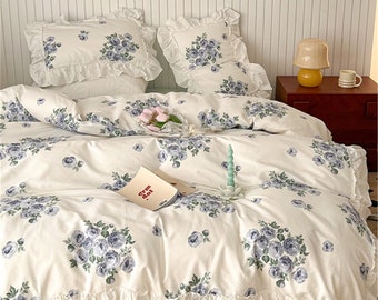 Blue Rose White 100% Cotton Duvet Cover Set, Aesthetic Floral Bedding Set,Ruffle Princess Style Duvet Cover, Twin Full Queen Duvet Cover Set