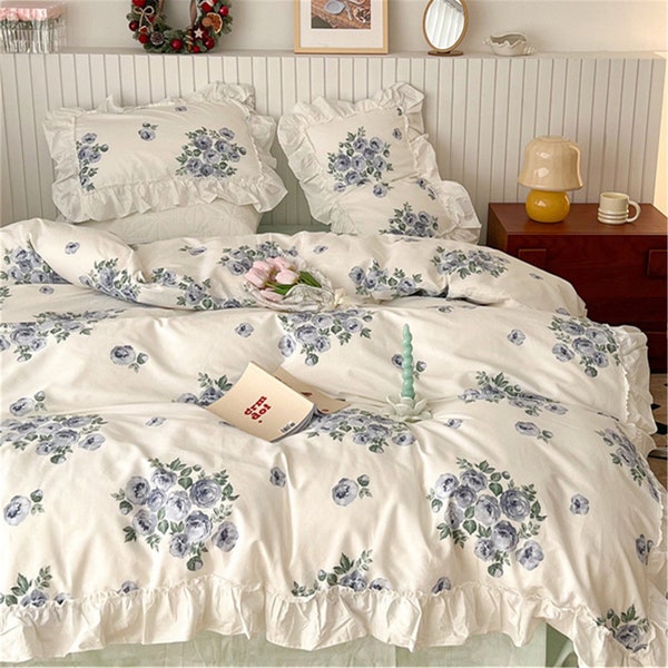 Blue Rose White 100% Cotton Duvet Cover Set, Aesthetic Floral Bedding Set,Ruffle Princess Style Duvet Cover, Twin Full Queen Duvet Cover Set