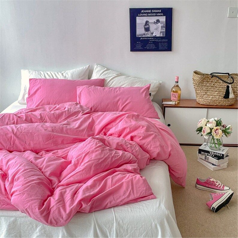 Pink Series Combination 100% Cotton Duvet Cover Set, Fresh Hot Pink Bedding, Twin Full Queen King Duvet Cover, Cottagecore Decor, Aesthetic image 6