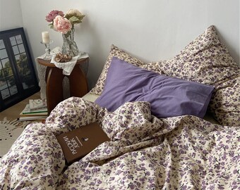 Fresh Elegant Purple Floral 100% Cotton Duvet Cover Set,Floral Bedding,Cottagecore Decor, Twin Full Queen King Duvet Cover,Aesthetic Bedding