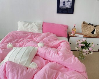 Pink Series Combination 100% Cotton Duvet Cover Set, Fresh Hot Pink Bedding, Twin Full Queen King Duvet Cover, Cottagecore Decor, Aesthetic