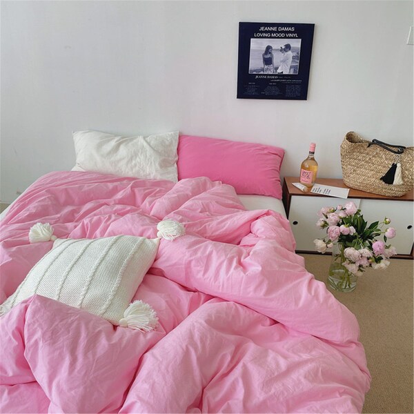 Pink Series Combination 100% Cotton Duvet Cover Set, Fresh Hot Pink Bedding, Twin Full Queen King Duvet Cover, Cottagecore Decor, Aesthetic