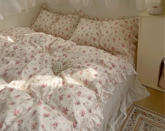 Ensemble de housse de couette 100% coton floral rose doux, housse de couette à volants en dentelle princesse, décor Cottagecore, housse de couette Twin Full Queen, literie florale