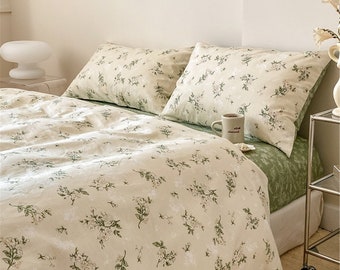 Floral Duvet Cover Set, White Green Cotton Duvet Cover, Flower Bedding Set, Cute Bedding Set, Queen King Duvet Cover, Dorm Room Bedding Set