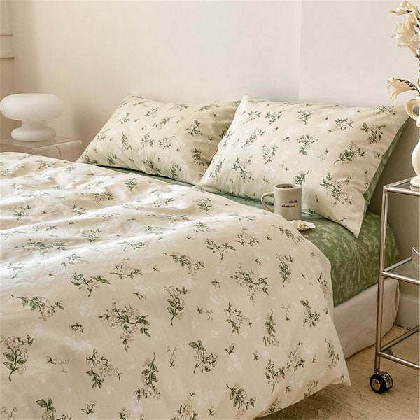 Floral Duvet Cover Set, White Green Cotton Duvet Cover, Flower Bedding Set, Cute Bedding Set, Queen King Duvet Cover, Dorm Room Bedding Set