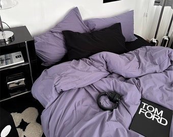 Minimalist Purple Black 100% Cotton Duvet Cover Set, Aesthetic Bedding, Cottagecore Decor,Twin Full Queen King Duvet Cover,Dorm Bedding,Gift