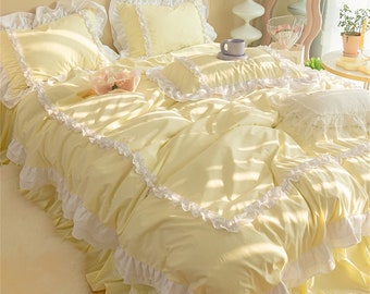 Milk Yellow Korean Princess Ruffle 100% Cotton Duvet Cover Set, Girlish Ruffle Comforter Pillowcase, Twin Full Queen King Duvet Cover, Gift