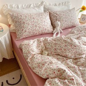 Ensemble de housse de couette 100% coton floral rose, literie douce florale Français, literie esthétique, literie Cottagecore, housse de couette Twin Full Queen King