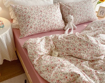 Set copripiumino in cotone 100% floreale rosa, biancheria da letto delicata floreale francese, biancheria da letto estetica, biancheria da letto Cottagecore, copripiumino doppio completo Queen King