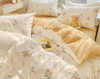 Yellow Floral 100% Cotton Duvet Cover Set, Cottagecore Bedding, Twin Full Queen King Duvet Cover Set, Aesthetic Floral Bedding, Dorm Bedding