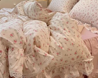 Ensemble de housse de couette 100% coton rose rose, housse de couette à volants en dentelle princesse, décor cottagecore, housse de couette double pleine reine, literie florale fille