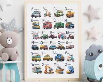 Cars Alphabet Poster: Vehicle ABC Print, Nursery Wall Art (Digital Download)