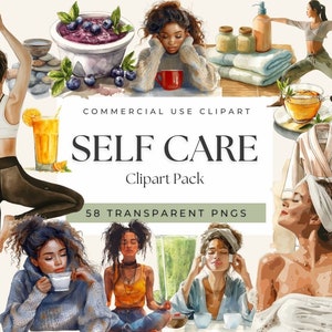 Ensemble de cliparts aquarelle pour une journée de soins personnels au spa pour les planificateurs de soins personnels, graphiques de remise en forme de yoga inclus, cliparts spa et beauté pour femme