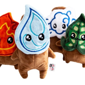 May include: Four plush toys representing the elements of fire, water, air, and earth. Each toy has a brown body with a different colored element on top. The fire element is orange, the water element is blue, the air element is white, and the earth element is green.
