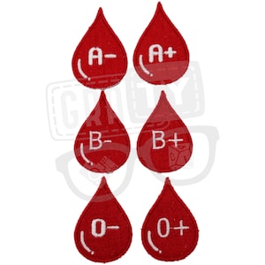Può includere: Sei toppe a forma di goccia di sangue rossa con testo bianco. I gruppi sanguigni sono A-, A+, B-, B+, O- e O+.