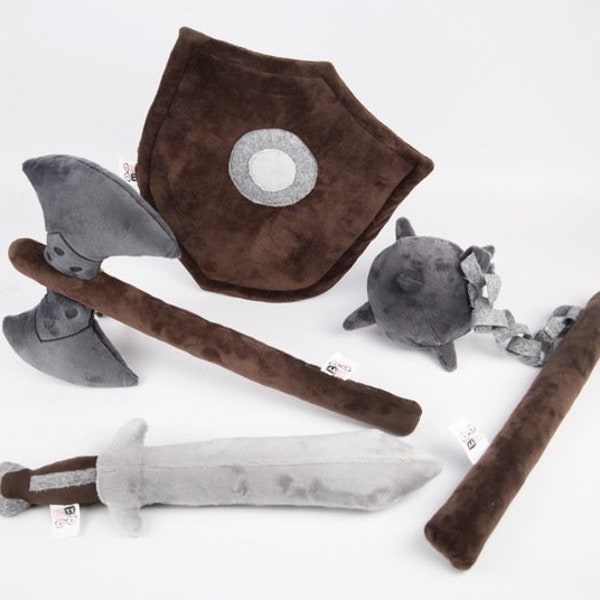 Plush Adventurer's Gear - Safe Plush Weapons - Sword, Shield, Morningstar, and Ax - GraTy Foundation