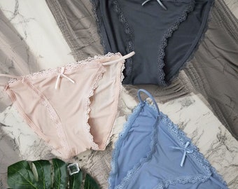 Bikini-Eisseide-Spitzenhöschen, Seidenhöschen mit Spitzeneinsätzen, Brautjungfernhöschen, Boudoir-Knicker, Bikini-Slip, Geschenk für Sie, Jubiläumsgeschenk