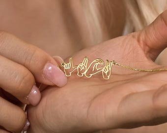 Custom Sign Language Necklace, Hand Gesture Jewelry, Personalized ASL Necklace, BSL Name Necklace, Mothers Day Gift, Gift for her, for Mom