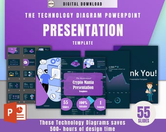 May include: A PowerPoint presentation template with a purple and teal color scheme. The title reads "The Technology Diagram PowerPoint Presentation Template." Includes slides with diagrams and the text "Crypto Mania Presentation Templates." The template includes 55 slides.