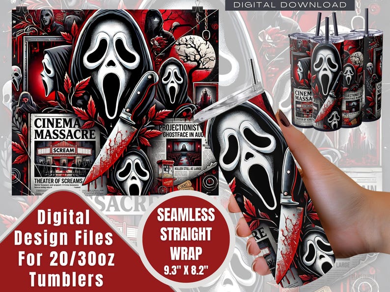 Halloween Tumbler Sublimation Design: Spooky Ghostface Scream Newspaper Wrap (Digital Download)