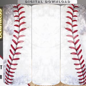 Puede incluir: Una descarga digital para un diseño de vaso recto de 20 onzas. El diseño presenta una pelota de béisbol blanca con costuras rojas. El diseño es sin costuras y se puede utilizar para envolver un vaso.