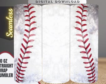 May include: A digital download for a 20 ounce straight wrap tumbler design. The design features a white baseball with red stitching. The design is seamless and can be used to wrap around a tumbler.