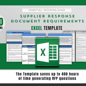 以下が含まれることがあります： サプライヤー応答ドキュメント要件のデジタルダウンロードExcelテンプレート。画像には、Excelのロゴ、ドキュメントページ、およびテキスト「280 Questions」が表示されています。このテンプレートは、RFPの質問の生成に最大400時間の時間を節約します。