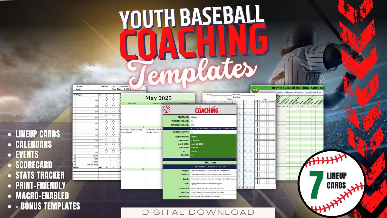 Youth Baseball Coaching Templates | Lineup, Stats, Roster Printable ...