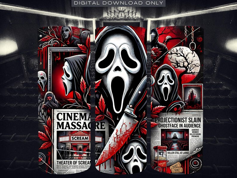 Halloween Tumbler Sublimation Design: Spooky Ghostface Scream Newspaper Wrap (Digital Download)