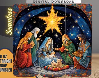 May include: A digital download of a seamless 20 oz straight wrap tumbler design featuring a nativity scene with Mary, Joseph, and the three wise men. The scene is set against a dark blue starry night sky with a bright yellow star in the center.