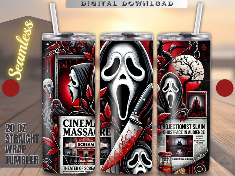 Halloween Tumbler Sublimation Design: Spooky Ghostface Scream Newspaper Wrap (Digital Download)