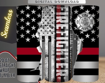 Design per sublimazione per bicchiere termico a tema pompiere: Bandiera americana e pompiere (download digitale in formato PNG)
