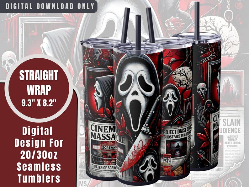 Halloween Tumbler Sublimation Design: Spooky Ghostface Scream Newspaper Wrap (Digital Download)