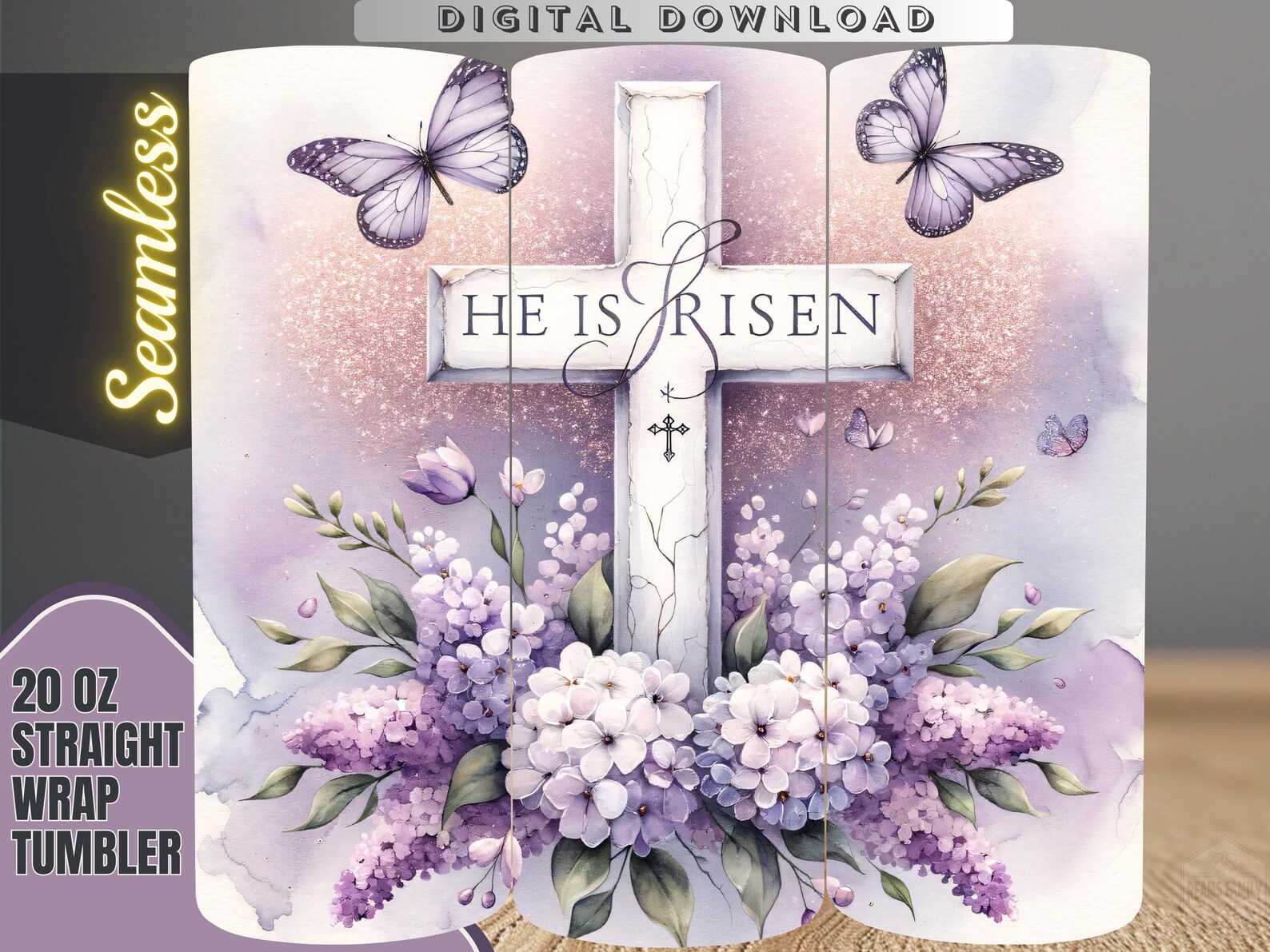 He is Risen Tumbler Sublimation Design: Lavender Christian Cross