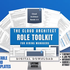 Peut inclure: Visuel numérique pour un « Cloud Architect Role Toolkit » pour les responsables du recrutement. L'image montre un écran d'ordinateur affichant les fonctionnalités du toolkit, notamment des modèles de mots modifiables, des offres d'emploi et des questions d'entretien.