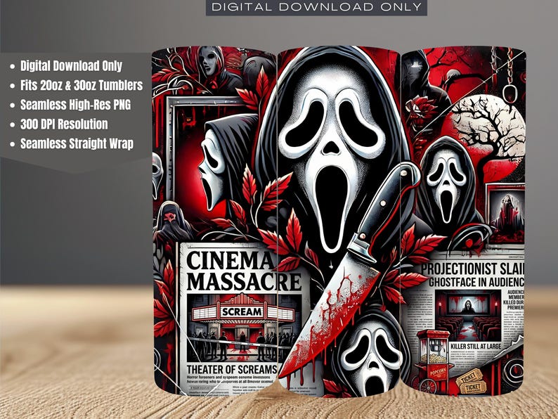 Halloween Tumbler Sublimation Design: Spooky Ghostface Scream Newspaper Wrap (Digital Download)