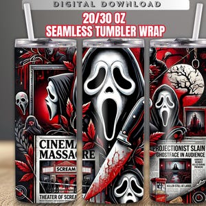 May include: A seamless tumbler wrap featuring a horror theme. The design includes the Ghostface mask, a bloody knife, and movie-themed graphics. The tumbler is available in 20 and 30 oz sizes. The text on the tumbler includes "Cinema Massacre" and "Scream".