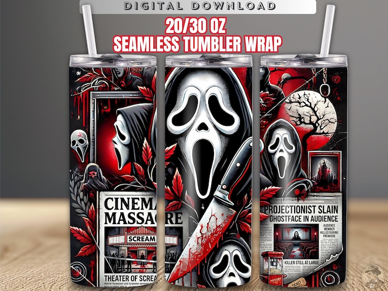 Halloween Tumbler Sublimation Design: Spooky Ghostface Scream Newspaper Wrap (Digital Download)
