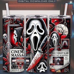 Halloween Tumbler Sublimation Design: Spooky Ghostface Scream Newspaper Wrap (Digital Download)