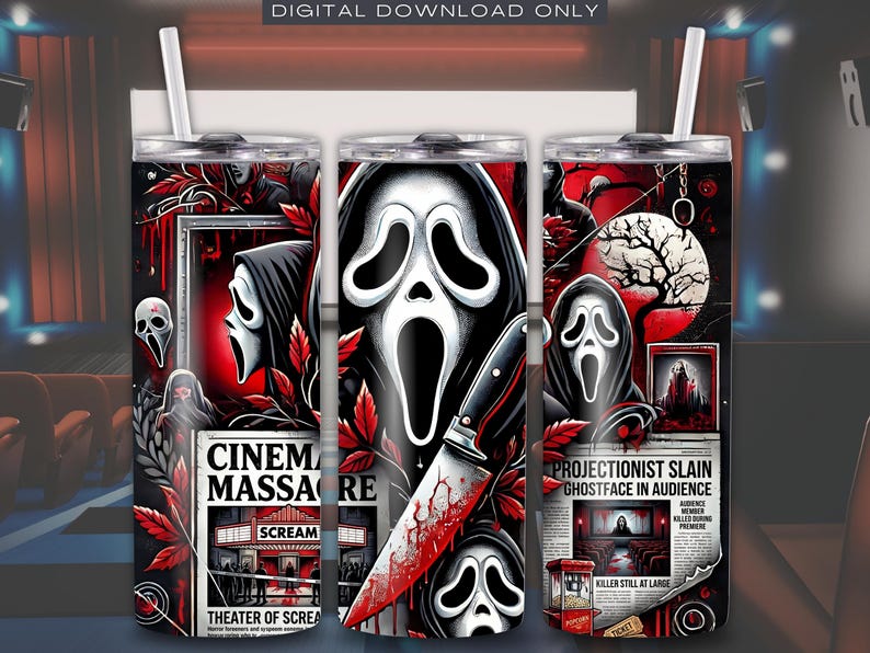Halloween Tumbler Sublimation Design: Spooky Ghostface Scream Newspaper Wrap (Digital Download)