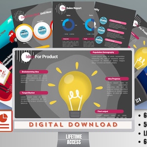 May include: Animated PowerPoint template with a computer screen displaying a lightbulb graphic and the text "Idea For Product." The image includes various slides with charts and diagrams, and the text "Digital Download."