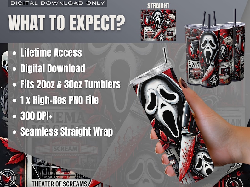 Halloween Tumbler Sublimation Design: Spooky Ghostface Scream Newspaper Wrap (Digital Download)